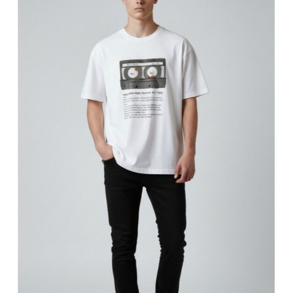 H&M Divided White Mixtape Graphic T-Shirt Size L Cotton Crewneck Unisex Casual S